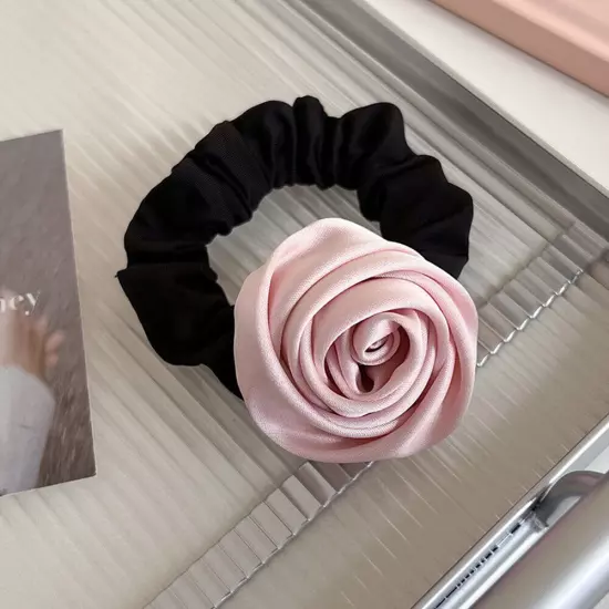 HairBand Silk Satin Rose Flower Ponytail Elastic Rope Ring Handmade Accessories