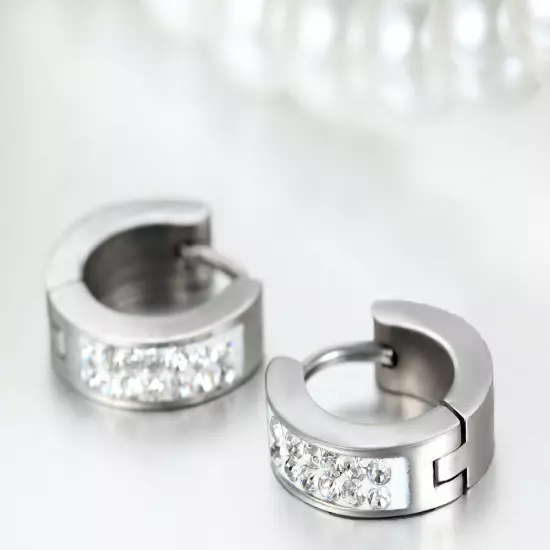 Men's Women's Unisex Stainless Steel Rhinestone Charm Hoop Huggie Earrings 2PCS