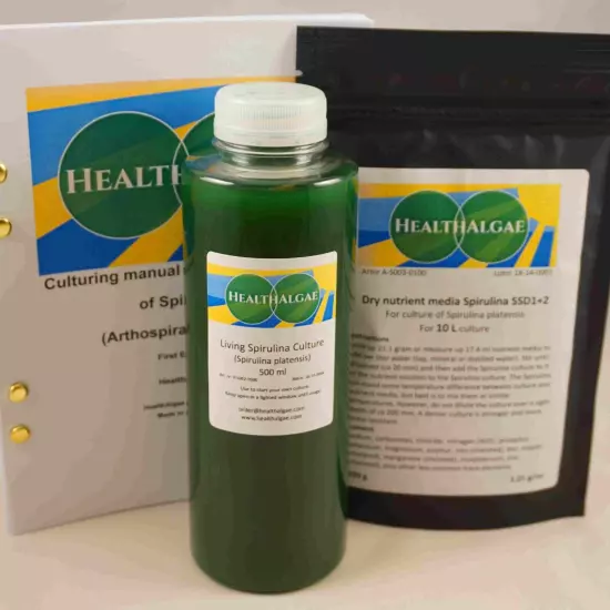 Live Spirulina platensis culture (500 ml) + 10 L dry Spirulina grow medium SSD+