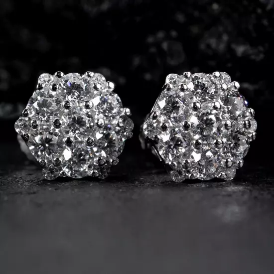 Men's Iced Octagon Flower Cluster 925 Sterling Silver Stud Screw Back Earrings