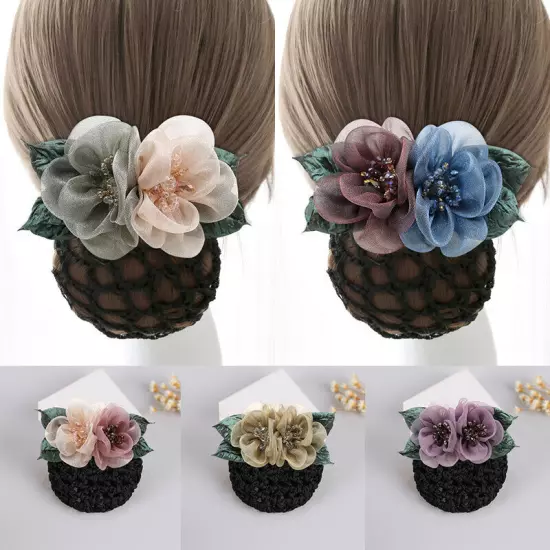 Women Ribbon Bow Hair Net Bun Snood With Bowknot Hair Cover Barrette Hair Clip