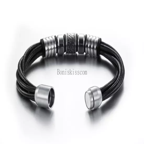 Black Men's Braided Leather Stainless Steel Cuff Bangle Magnetic Bracelet