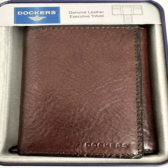 Vintage dockers genuine leather executive trifold brown mens wallet tin can 