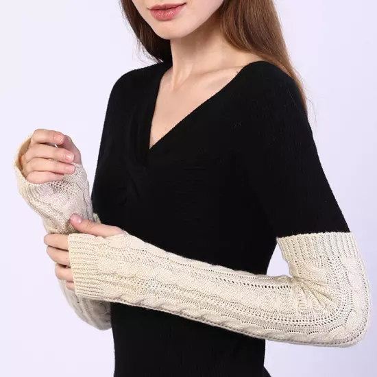 Women Long Half Finger Fingerless Gloves Arm Hand Warmer Knitted Mittens Winter