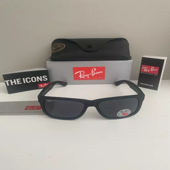 New Ray-Ban Justin RB4165 Polarized Matte Black / Dark Grey Sunglasses With Box