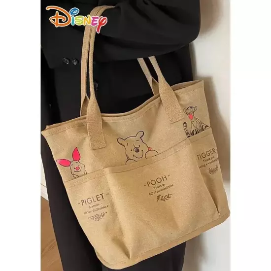 Disney Winnie the Pooh Canvas Purse Handbag Beige Tote Printed Zipper Pockets