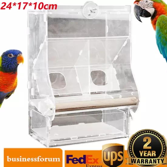 Clear Acrylic Bird Cage Feeder Double Hopper Wood Perches Automatic Feeder USA