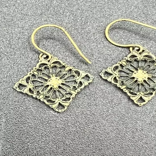 Copper Tone Fish Hook Earrings Diamond Shape Filigree 