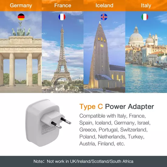 European Travel Plug Adapter, Europe Power Plug with 2 USB Ports, Type C