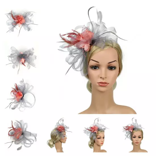 Women Fascinator Feather Hat Flower Hair Clip Church Wedding Party Headwear Clip