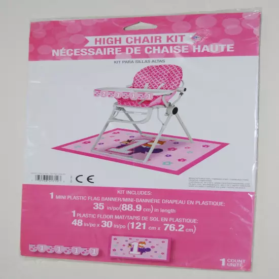 New Infant Girl's First Birthday Pink High Chair Decor Kit Flag Banner & Mat 