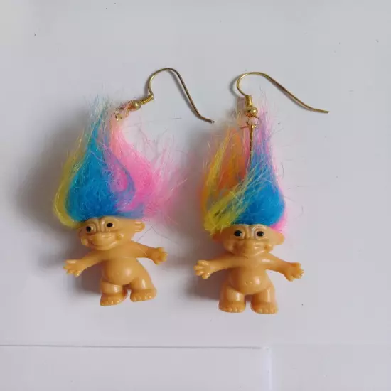 Russ Troll Doll Rainbow Hair Good Luck Dangle Earrings Vintage