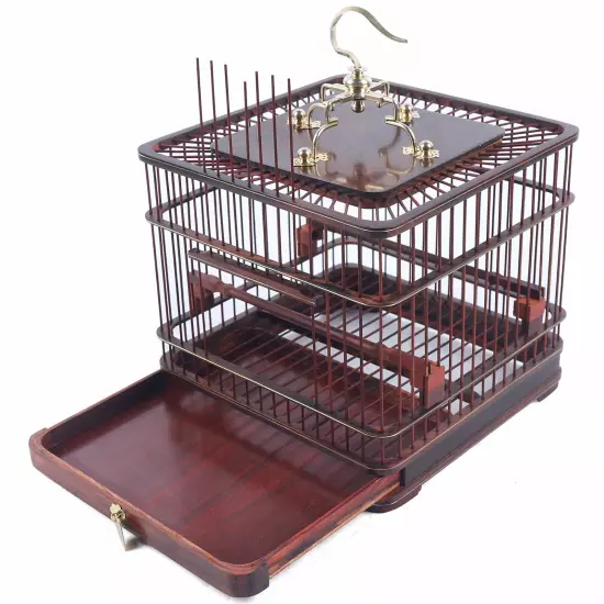 Asian Bird Cage Square Solid Wood Carved Chinese Bamboo Pet Nest Home W/ Drawer