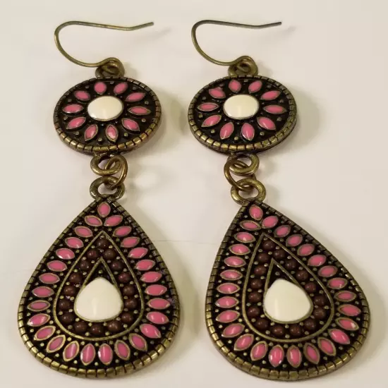 Enamel Dangle Drop Earrings Brass Tone Circle Teardrop French Wire Pink White