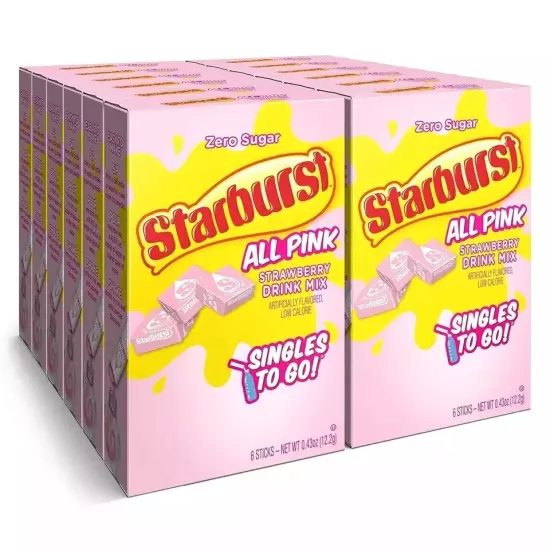 Starburst Singles to Go Powdered Drink Mix, All Pink Strawberry, 12 Boxes 