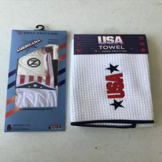 ZERO FRICTION White Americana Golf Glove -Men's Left Hand -OSFM + USA Golf Towel