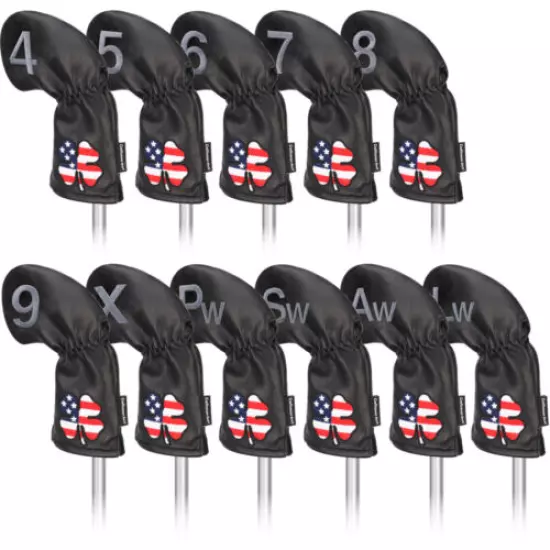 Golf Iron Club Headcovers 11Pcs/Set Black Leather Long Neck US Clover Embroidery