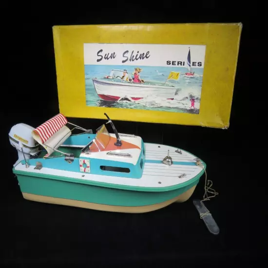 VINTAGE 1960's BANDAI JAPAN 13" SUN SHINE SERIES WOOD & PL BOAT W OUTBOARD BOXED