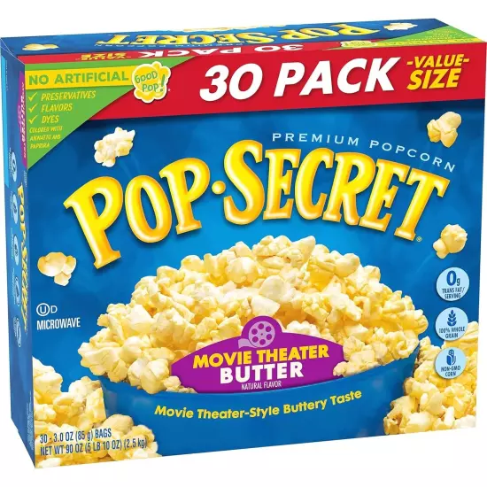 Microwave Popcorn, Movie Theater Butter Flavor, 3 Oz Sharing Bags, 30 Ct