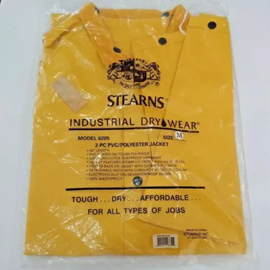 Stearns Safety Yellow Waterproof Detachable Hood Medium 2PC PVC Rain Jacket NEW