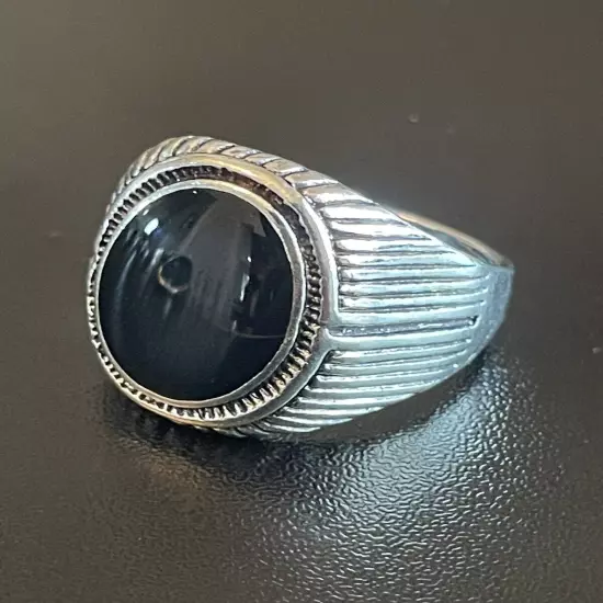 Oval Black Obsidian Stone S925 Silver Plated Men Women Statement Ring 