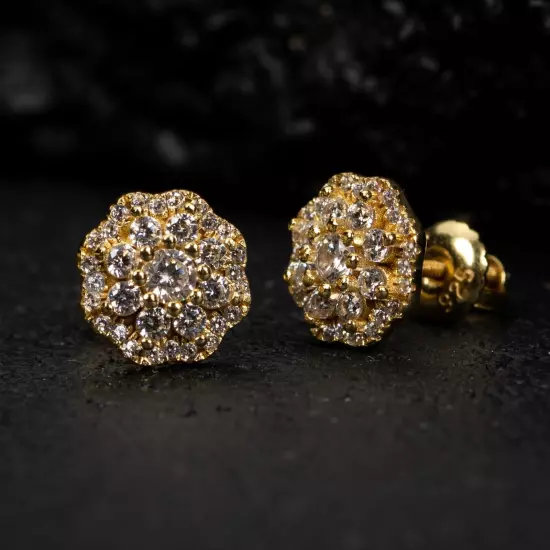 Yellow Gold 925 Sterling Silver Men's Flower Cluster Cz Stud Screw Back Earrings