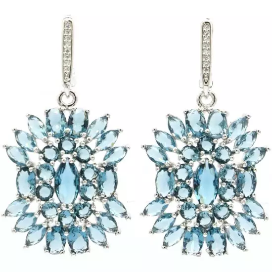 SheCrown Gorgeous London Blue Topaz White CZ Bride Wedding Silver Earrings