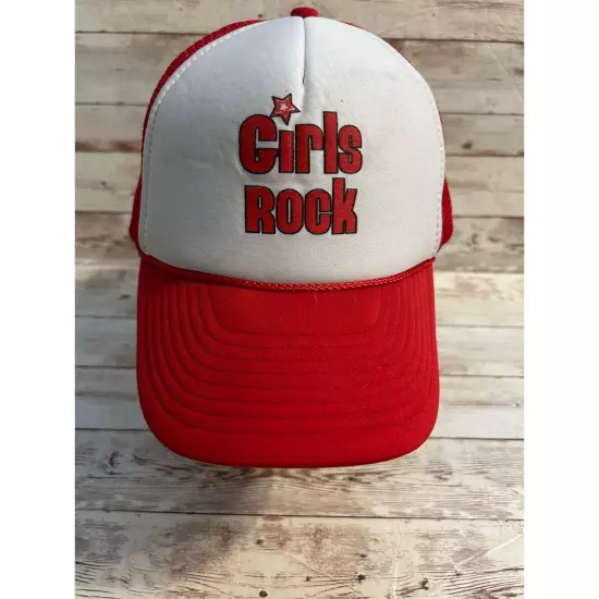 Girls Rock Trucker Hat One Size Adjustable Snap Back Red White