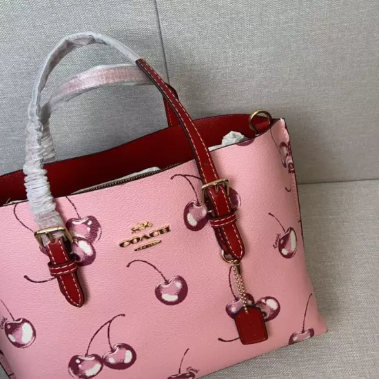 Brand New COACH CR293 Mollie Tote 25 Shoulder Bag Canvas Leather Cherry Pink 