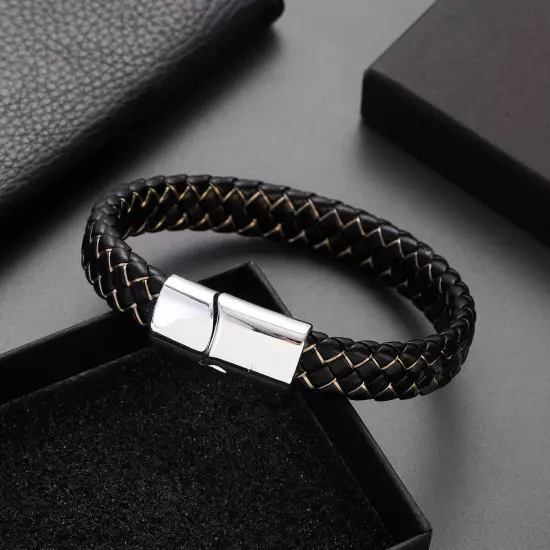 Genuine Leather Braided Bracelet Magnetic Buckle Band Men Stainless Steel Bangle