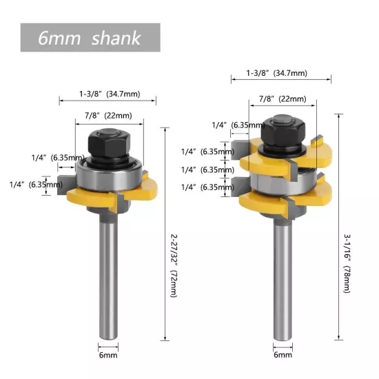 1/4" 6mm Shank Joint Router Bits Set Tongue & Groove Tenon Milling Cutter 1/4