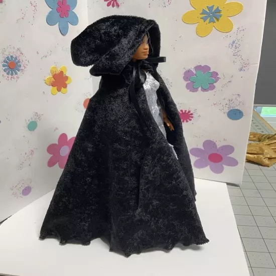 Black Panne Velvet Medieval Style Cape For Your 11.5” Fashion Doll