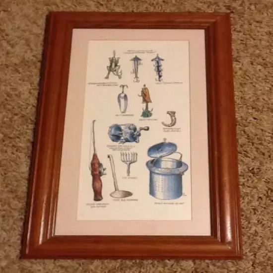 Framed matted print antique fishing equipment lures basket reel pole 10 x 18