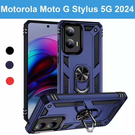 For Motorola Moto G Stylus 5G 2024 Phone Case Cover Ring Stand + Tempered Glass