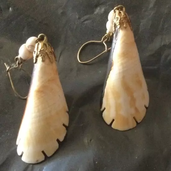 White Cone Shell Dangle Earrings Hawaii Pierced Gold Wire