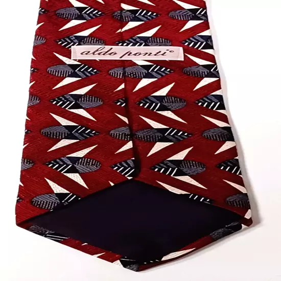 Aldo Ponti Silk Necktie Red Zigzag Lines Woven Tie Width 3 1/2" Length 57"