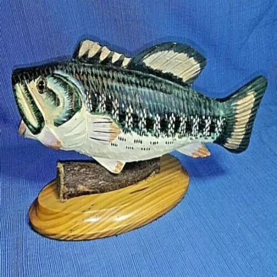 Large Mouth Bass Fish Wood Carving on Oak Base>Fine Detail Scales &Teeth Carved