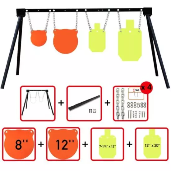 AR500 Steel Shooting Target System Stand,Chains&8",12" Gong+7"x12",12"x20" Torso