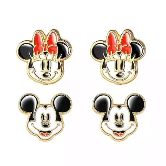 Disney Mickey Minnie Mouse Stud Earrings Duo Set 18k Gold Flash Plated