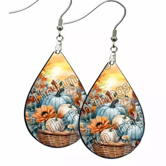 Shabby Chic Autumn Earrings Teardrop NO TARNISHING Pumpkins Fall Sunset Flowers