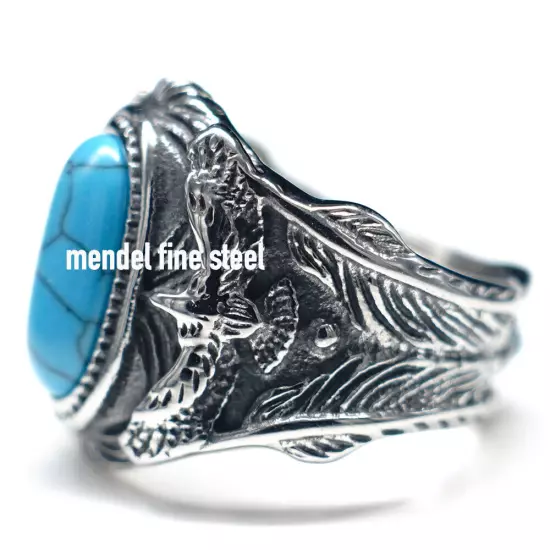 MENDEL Mens Large Biker Eagle Turquoise Stone Ring Men Stainless Steel Size 7-15