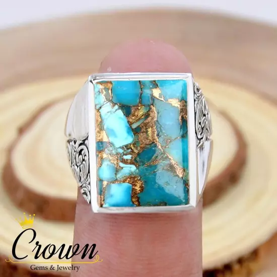 Blue Copper Turquoise 925 Sterling Silver Men's Ring Jewelry - Size US 6-14