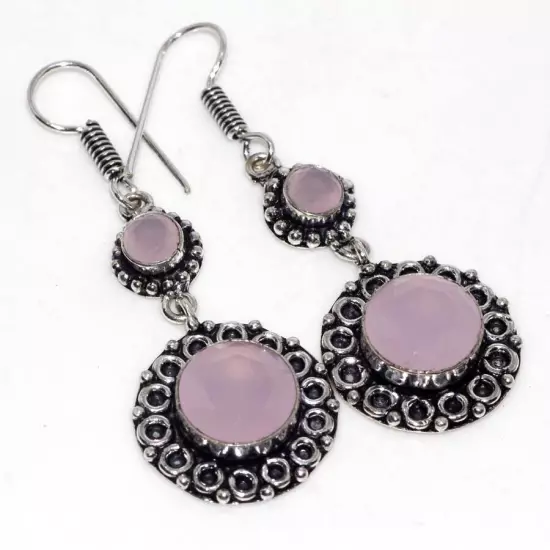 925 Silver Plated-Pink Chalcedony Ethnic Long Gemstone Earrings Jewelry 2.5" GW