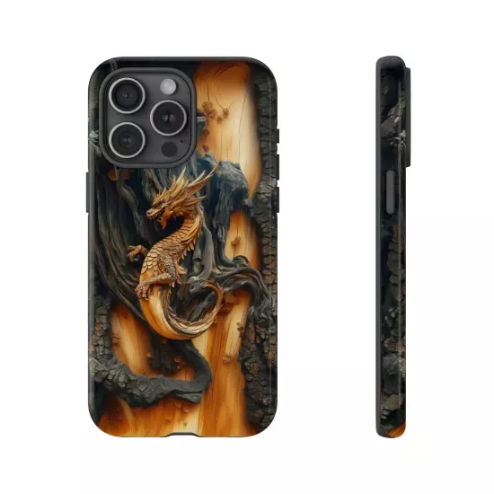 For iPhone, Samsung Galaxy, Pixel - Phone Case Cover - Carved Wood Dragon Print