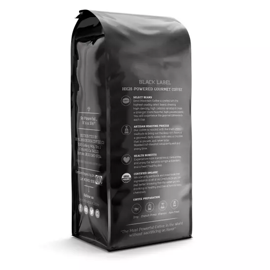 Devil Mountain Coffee Black Label Dark Roast Ground Coffee, Strong High Caffe...