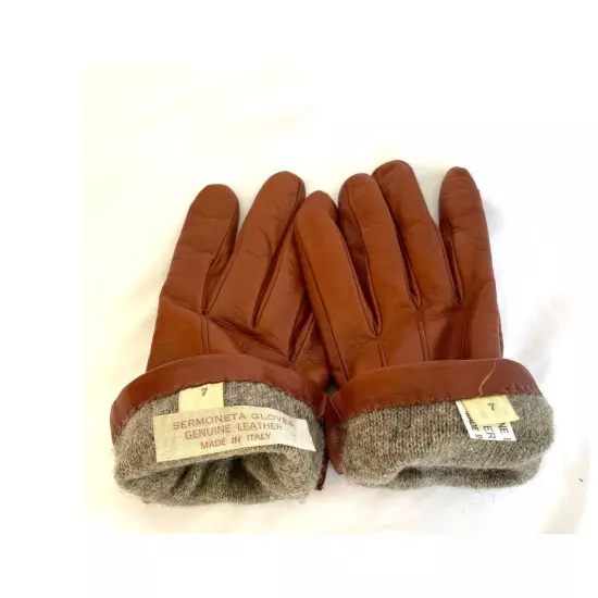 Sermoneta Leather Cashmere Lined Gloves 674, Size 7, Cognac Brown 