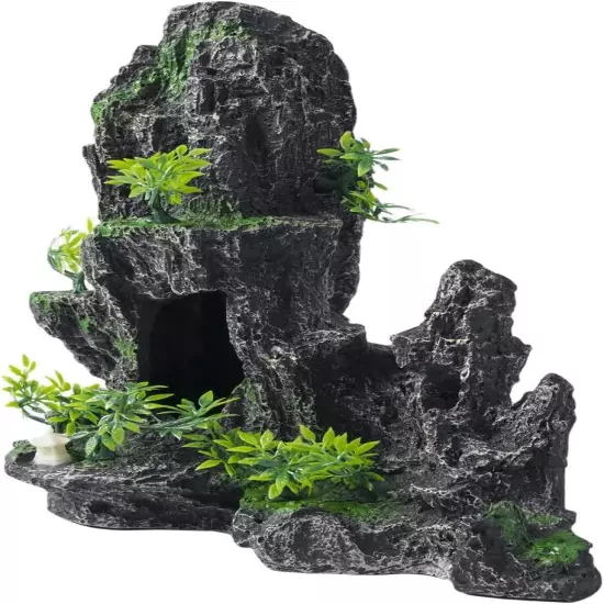 Mountain View Aquarium Ornament with Tree House Cave Bridge Resin