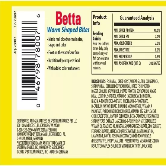 Tetra Bettamin Worm Shaped Bites 0.98 Ounce, Complete Diet for Bettas