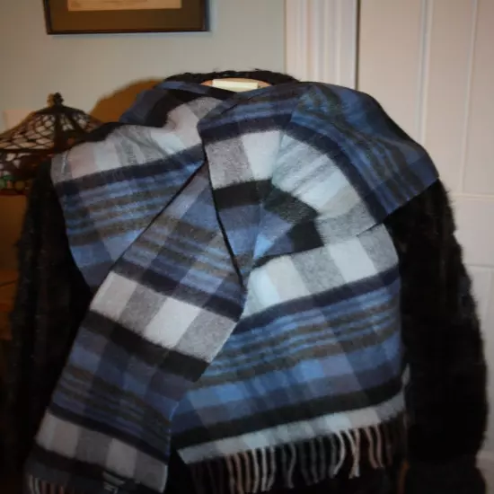 Nordstrom 100% Lambswool Scarf British Blue, Black & Derby Grey Tartan Mint