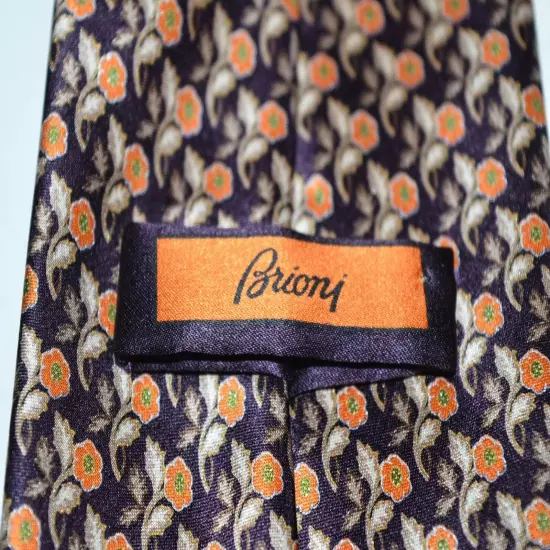 Brioni Purple Orange floral Silk Tie Made in Italy Unique design